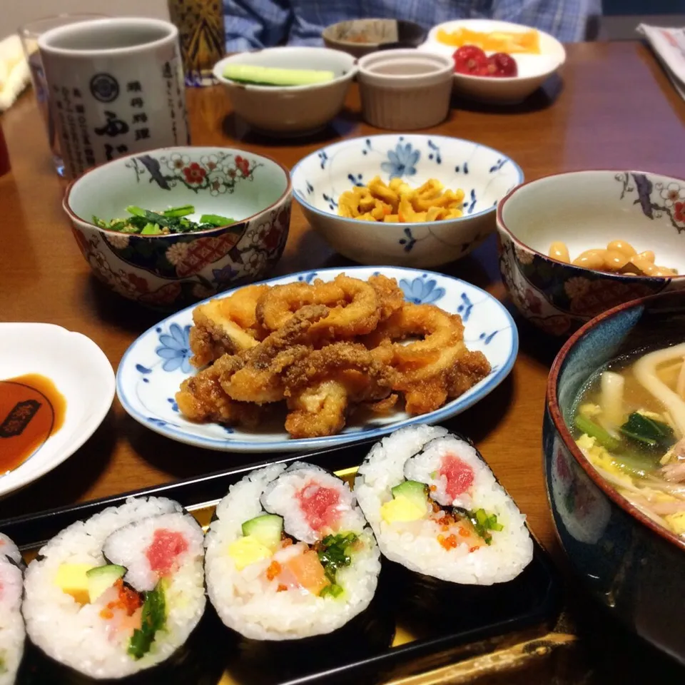 実家で夕飯 北海道産帆立の巻き寿司 & 母が作った煮込みうどん 2018.3.31|キラ姫さん