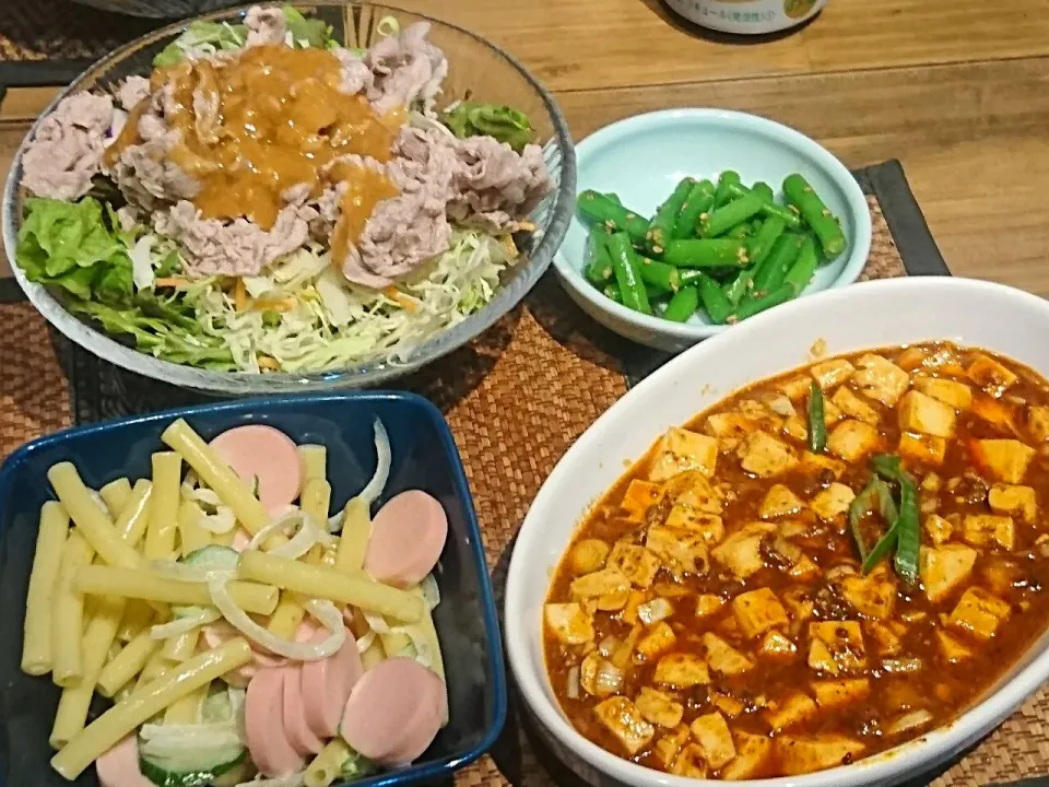 麻婆豆腐&冷しゃぶ&マカロニサラダ&いんげんのごま和え|まぐろさん