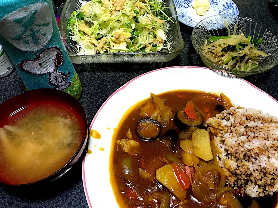 Snapdishの料理写真:もち麦飯茄子ポークカレーライス、豆苗キャベツサラダ、もやし小松菜ナムル、椎茸里芋ミョーガ味噌汁|ms903さん