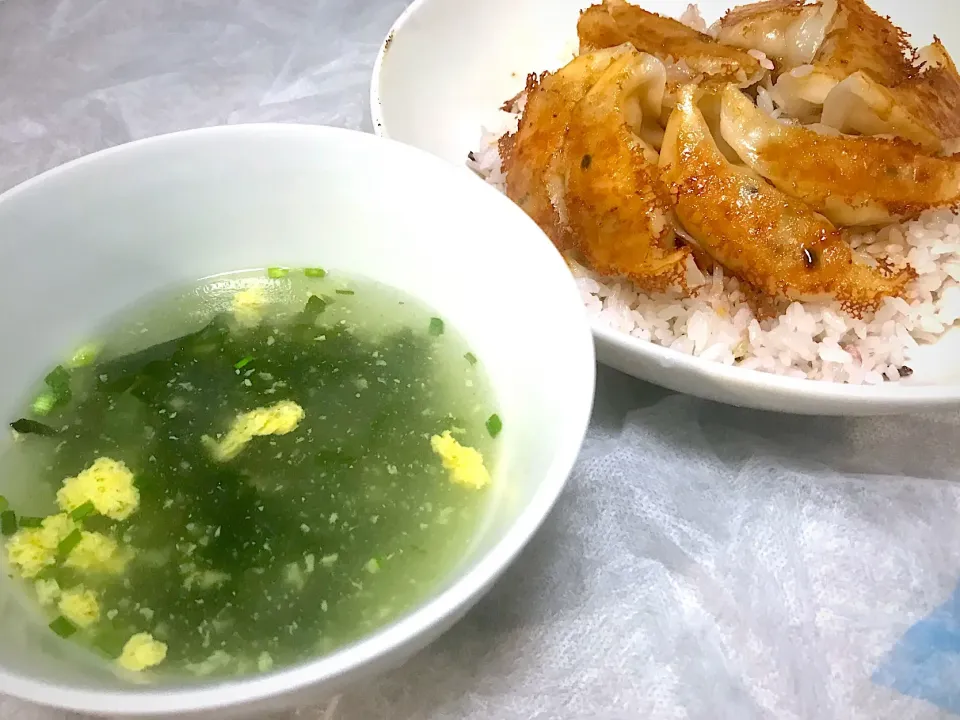 理研のわかめとたまごスープと、餃子丼を頂きます🎉🎵😋|ギムレットさん