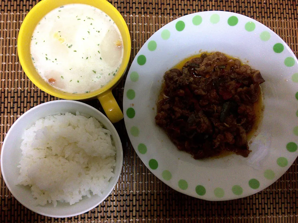 肉炒めスープご飯|ばーさんさん