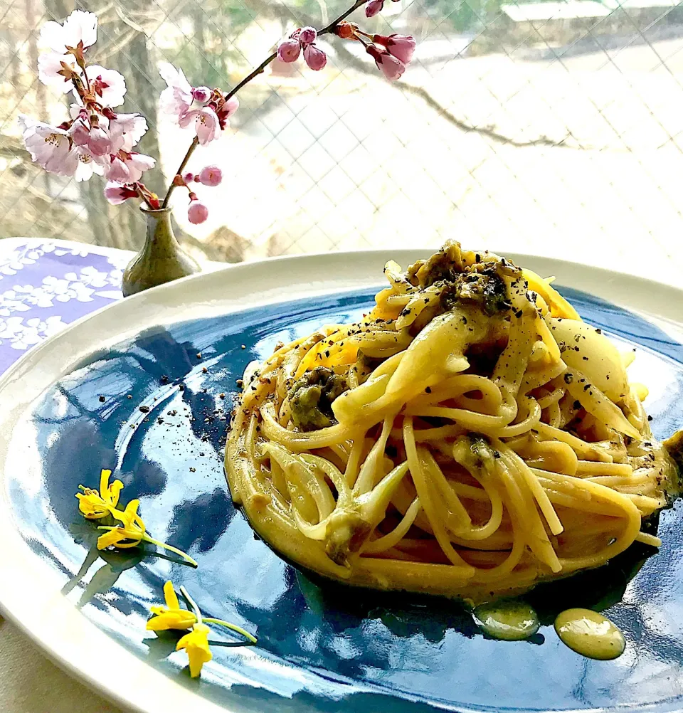 昼ごはん  うさかめさんのふきのとう味噌で、ふきみそクリームのパスタ カルボナーラ風味|砂雪さん