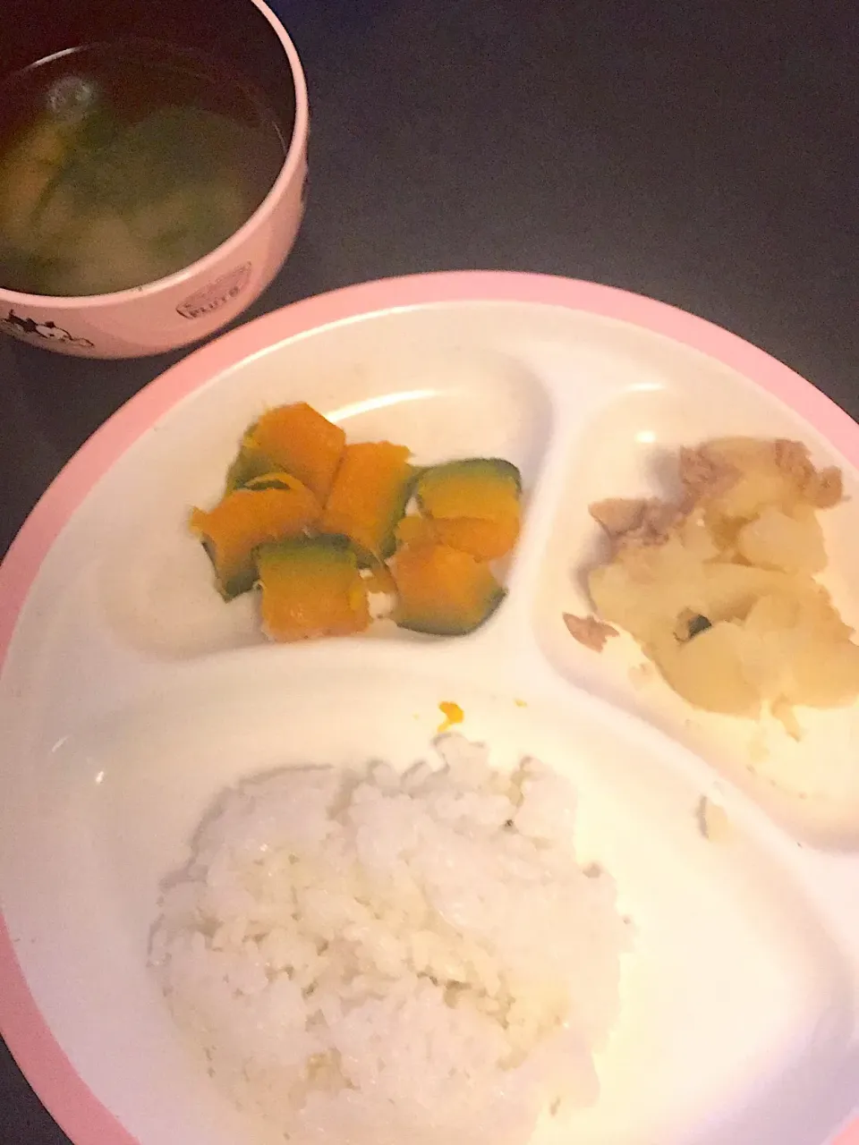 幼児食 夜
・ごはん
・かぼちゃの煮物
・じゃがいもとツナの煮物
・ニラのお味噌汁
・メロン|ぺろたんさん