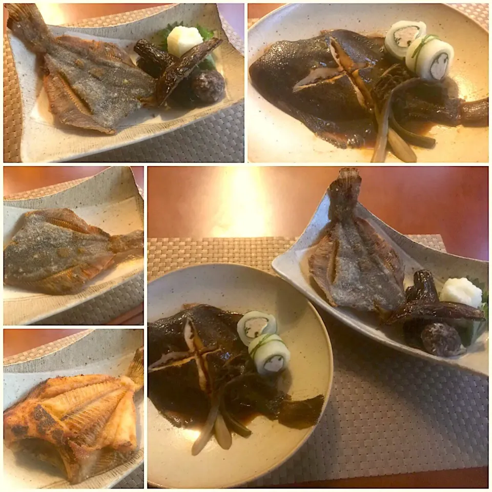 Flounder cooked in soy sauce&Deep-fried flounder🐟ｶﾚｲの煮付け 卵の大根巻き&骨まで唐揚げ|🌈Ami🍻さん