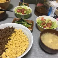 2色丼 小松菜のおひたし 味噌汁 トマトとアボカドのサラダ|Kahoch!nさん