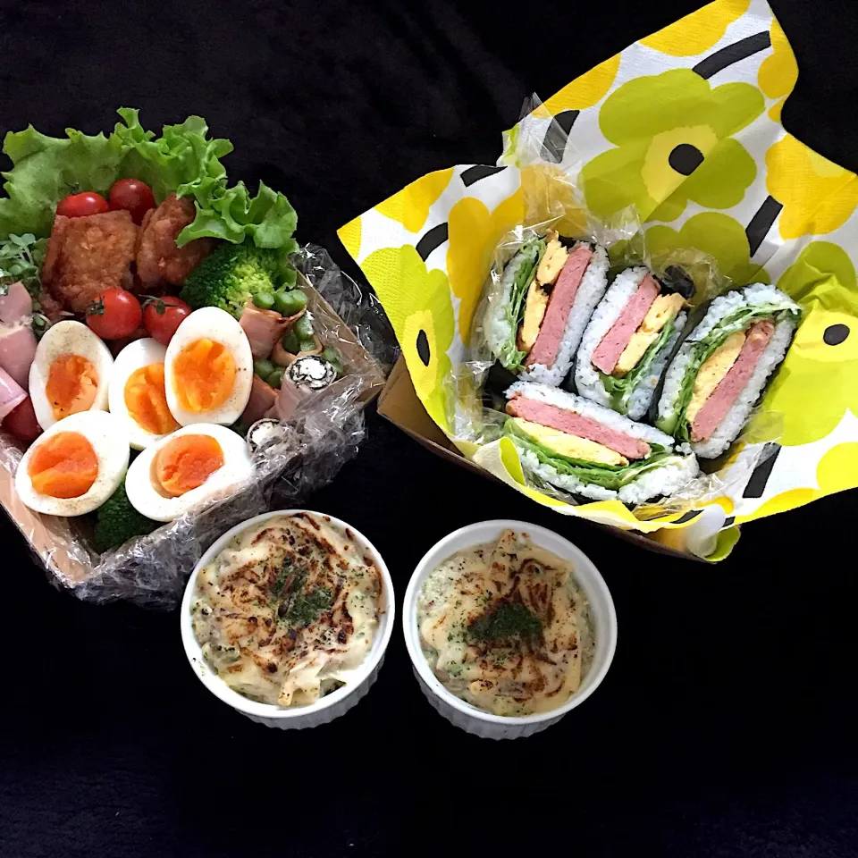 #ピクニック弁当 #おにぎらず#グラタン#唐揚げ#アスパラベーコン|ゆち♬さん