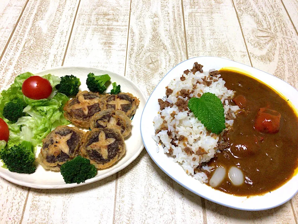 今日の男飯(๑>◡<๑)生椎茸の天ぷらとサラダ♫ トマトカレー(使ったカレーは食研カレー)ご飯は、甘辛そぼろご飯♫|ひーちゃんさん