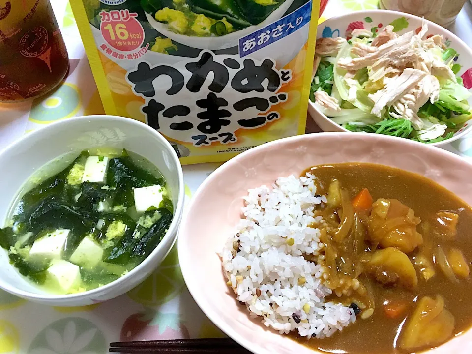 snap dishさんにいただいた、理研ビタミンさんのわかめとたまごのスープ🍳を、カレーといっしょにいただきました🍛✨|nacchan♪さん