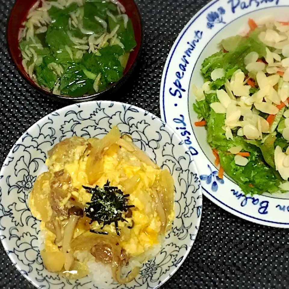 他人丼・小松菜と干しエビのおつゆ・サラダ|美也子さん