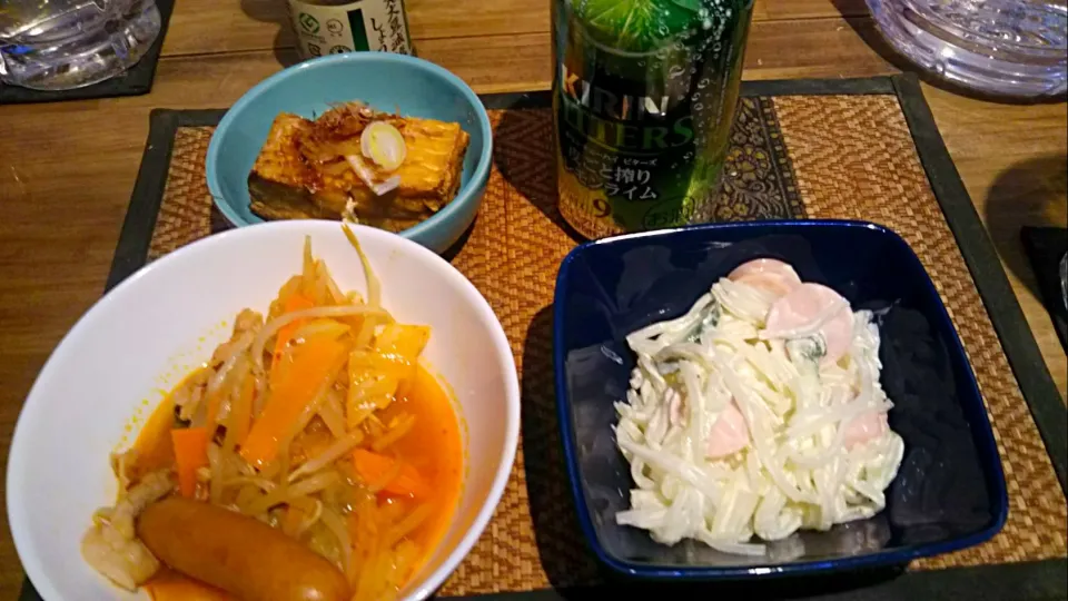 Snapdishの料理写真:厚揚げ＆キムチスープ＆マロニーサラダ|まぐろさん