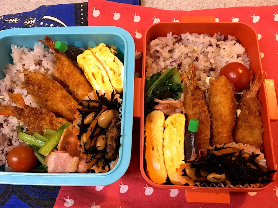 ♫4/10今日のお弁当♫〜海老フライ、ひじき煮、だし巻き卵、小松菜とベーコン炒め、プチトマト〜|Satokoさん