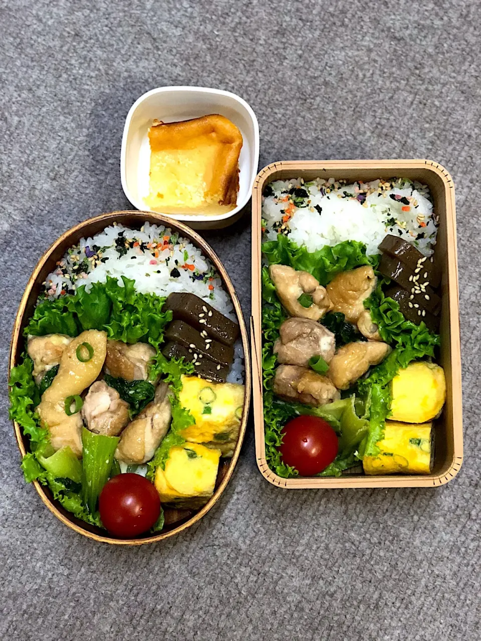 鶏と青梗菜のマヨポン炒め 弁当。チーズケーキ付き|弁当 備忘録さん