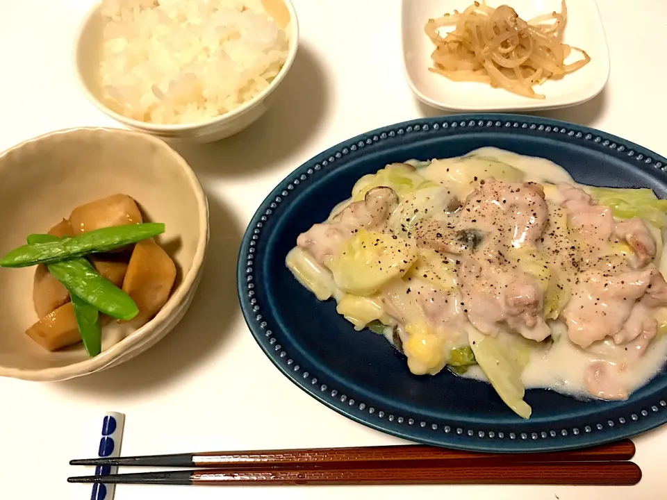 キャベツと豚肉のクリーム煮、里芋の煮物、もやしのナムル|ていみきさん