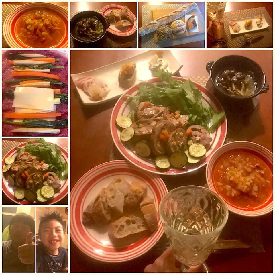 Snapdishの料理写真:today's Italian Dinner🍴ｱﾝﾃｨﾊﾟｽﾄ ﾐｽﾄ･ﾐﾈｽﾄﾛｰﾈ･しめじと蓮根のｱｰﾘｵｵｰﾘｵ･豚ﾌｨﾚ肉の野菜ﾁｰｽﾞﾛｰﾙ|🌈Ami🍻さん