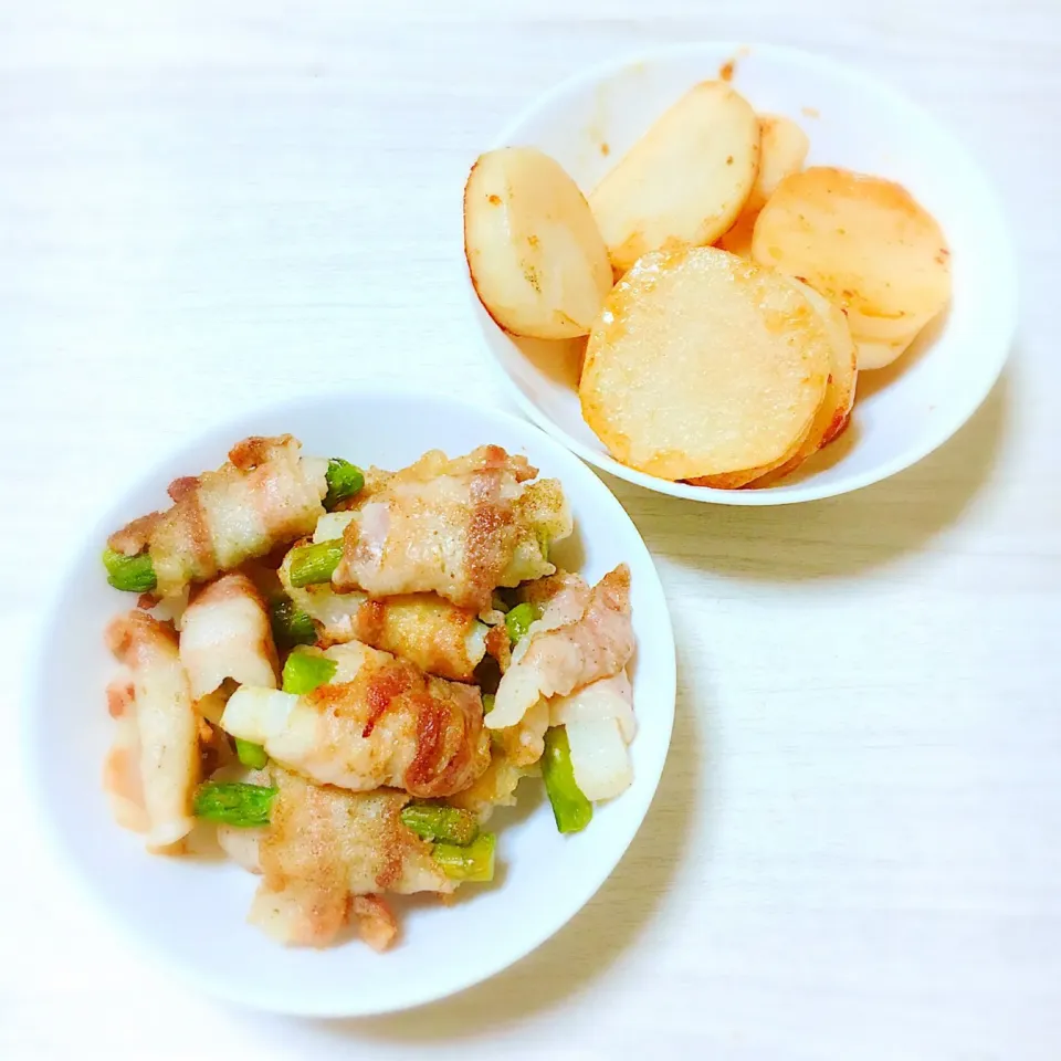 Snapdishの料理写真:アスパラと山芋の豚肉巻き&山芋の麺つゆ炒め|ゆーとさん