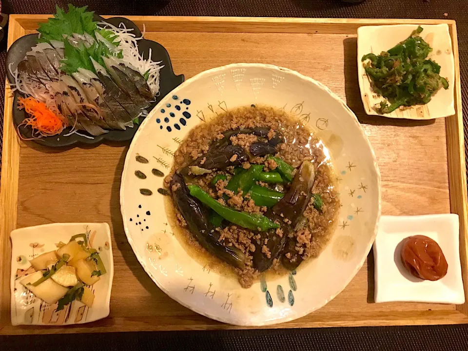 和定食
☆鯵のお刺身
☆ピーマンのおかか和え
☆わさび大根漬け
☆ナスとシシトウのそぼろあんかけ|☆アスカ☆さん