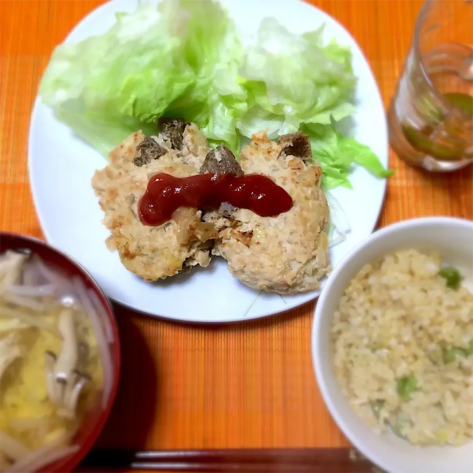 2018/04/12 こんにゃくいり鶏ミンチハンバーグ、玄米 豆ごはん|kykyさん