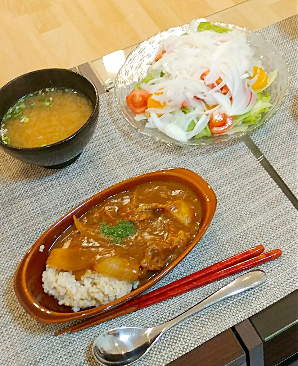 カレーライスとオニオンサラダ|ショコラウサギさん