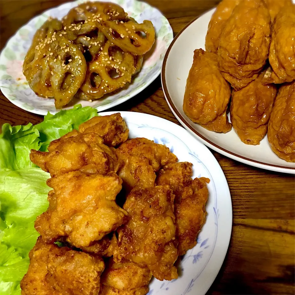 おいなりさん・鶏の唐揚げ・レンコンの甘唐揚げ|みなさん