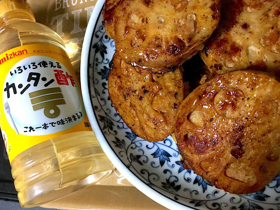 蓮根の挟み焼きの照り焼き
 #ミツカンカンタン酢  #蓮根の挟み焼き #照り焼き#笑顔咲く照り焼き|こむぎさん