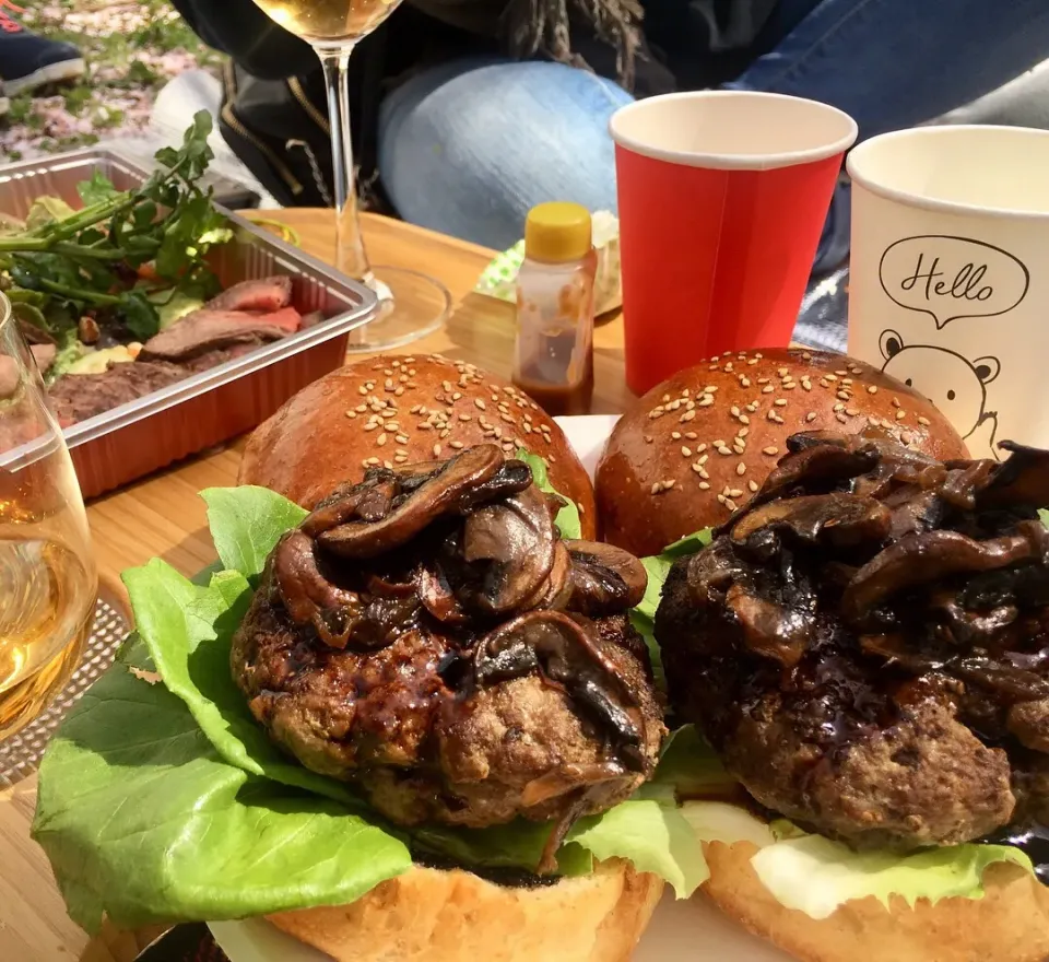 Caramelized Onion & Mushroom Burgers with Whole Grain Brioche drizzled with Balsamic Glaze＊Ginger Teriyaki Sauce for kids＊|Miboさん