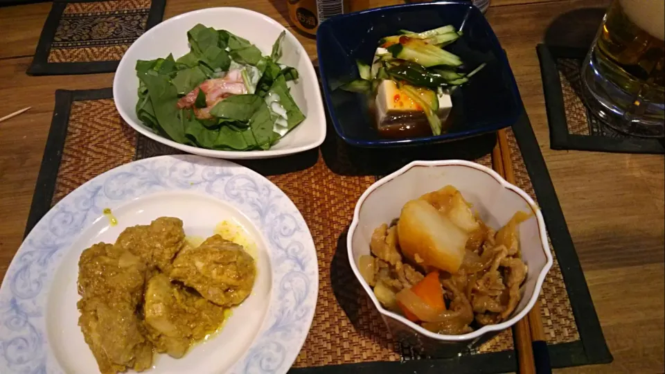 ほうれん草のサラダ＆冷や奴＆チキンティッカ＆肉じゃがい|まぐろさん