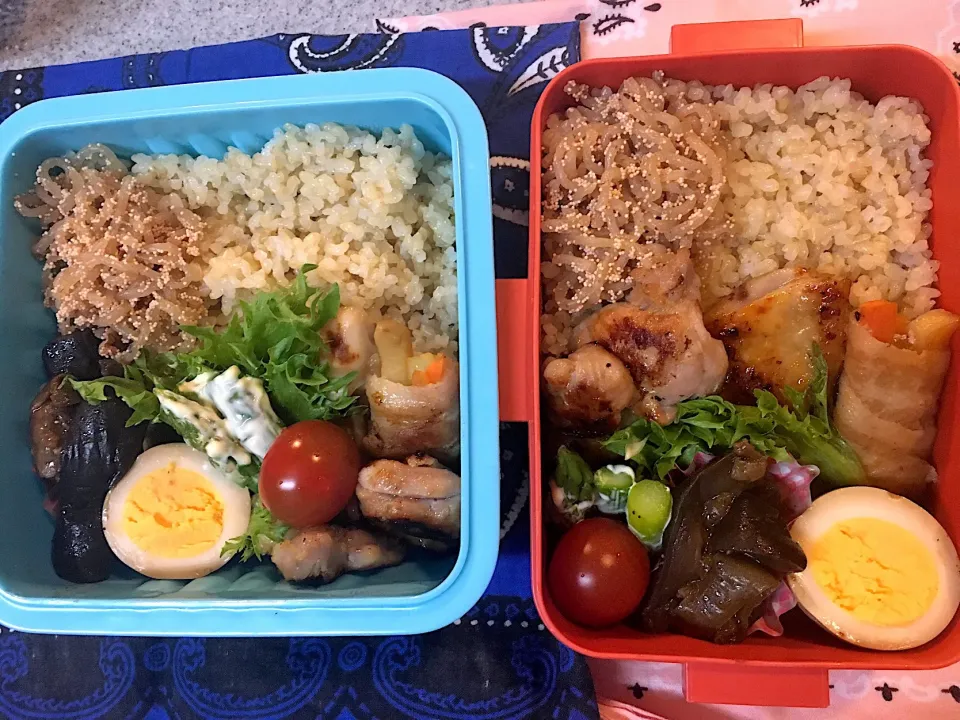 Snapdishの料理写真:♫4/18今日のお弁当♫〜肉巻き、塩麹焼き鳥、なすとピーマン味噌炒め、味玉子、しらたき明太、マヨアスパラ、プチトマト〜久しぶりに玄米！|Satokoさん