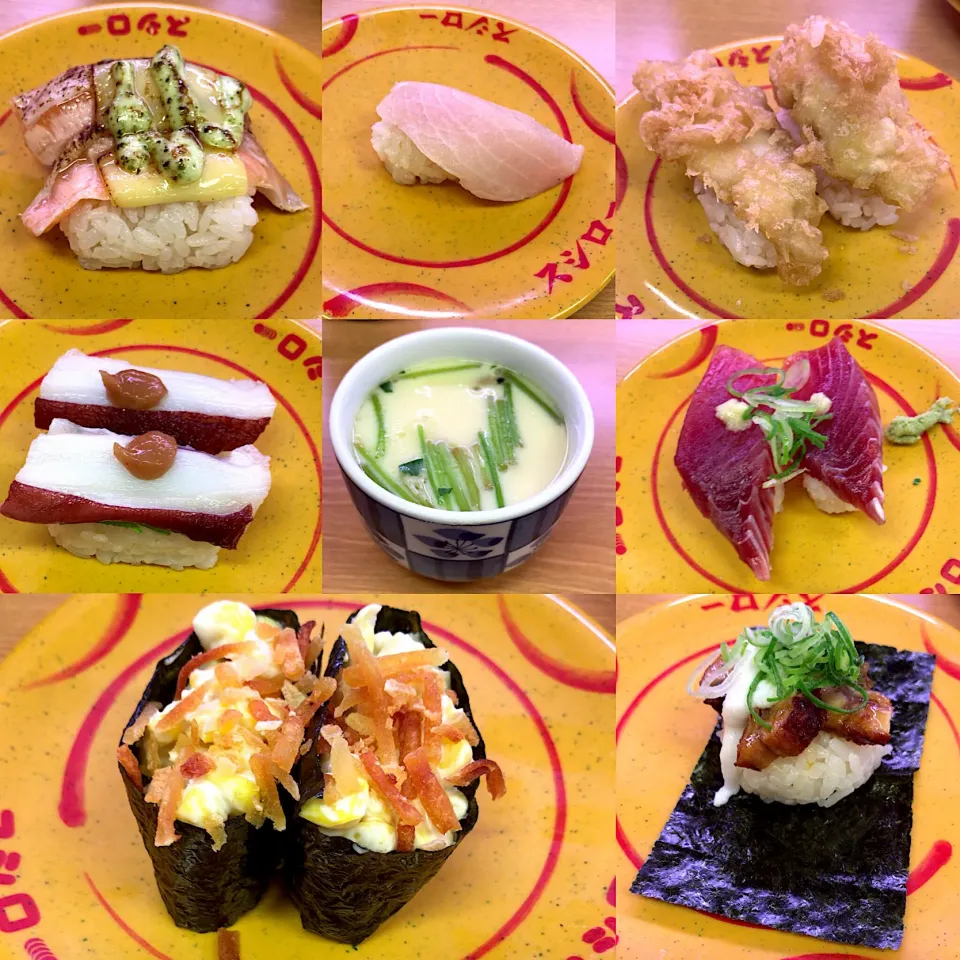 寿司🍣
かつお、メカジキ、たこぼっち、たら天ぷらにぎり、炙りサーモンバジルチーズ、じゃがじゃがコーン、うなとろろ包み|るみおんさん