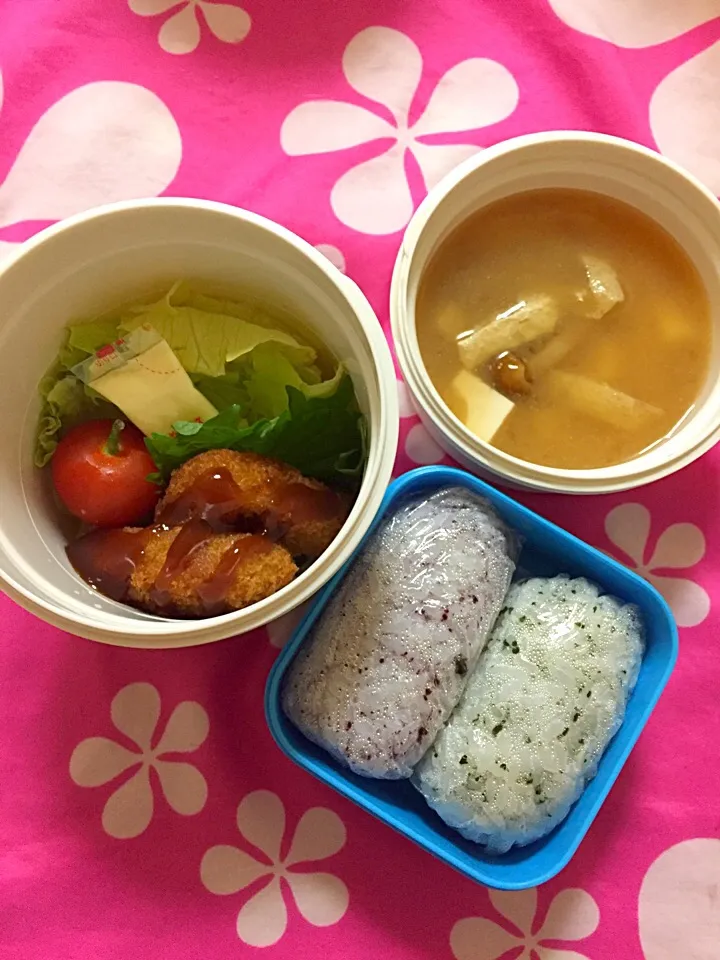 20180419姉弁当。おにぎりはミニサイズでおかずと味噌汁をカフェ丼ランチボックスに入れてみた。|hanakoさん