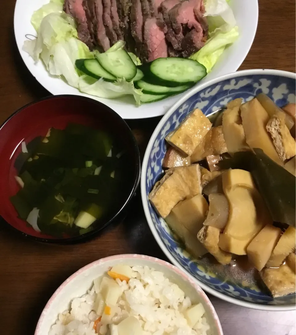 筍ご飯    筍の煮物   若竹汁    ローストビーフ|掛谷節子さん