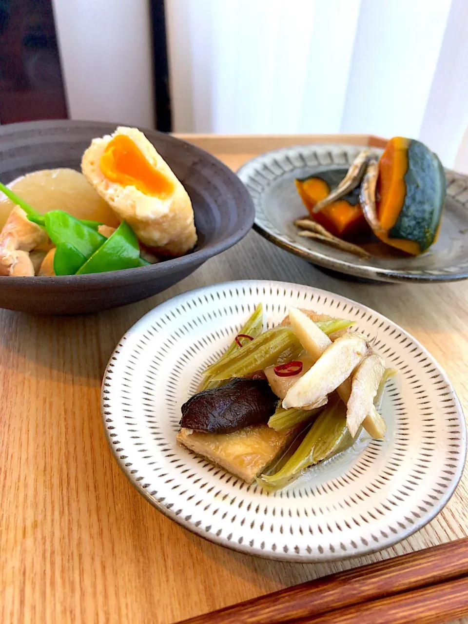 葉ごぼうの炊き合わせ
大根と油揚げ卵とじと鶏肉の炊き合わせ
南瓜といりこの煮物|かおり🐰さん