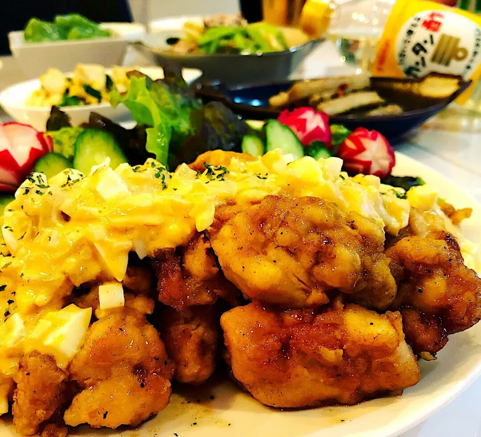 玉ねぎたっぷりタルタルソースのチキン南蛮&筍と小松菜のオイスターソース炒め🍳|ハマちゃんさん