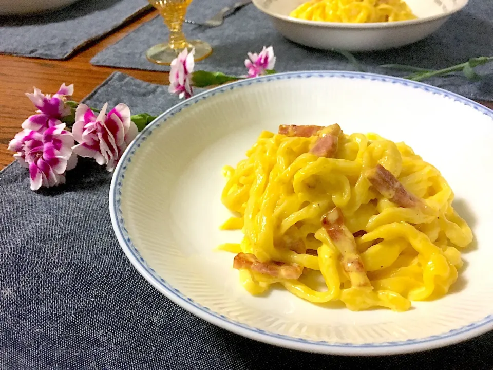 手打ち生パスタでカルボナーラ|チコさん