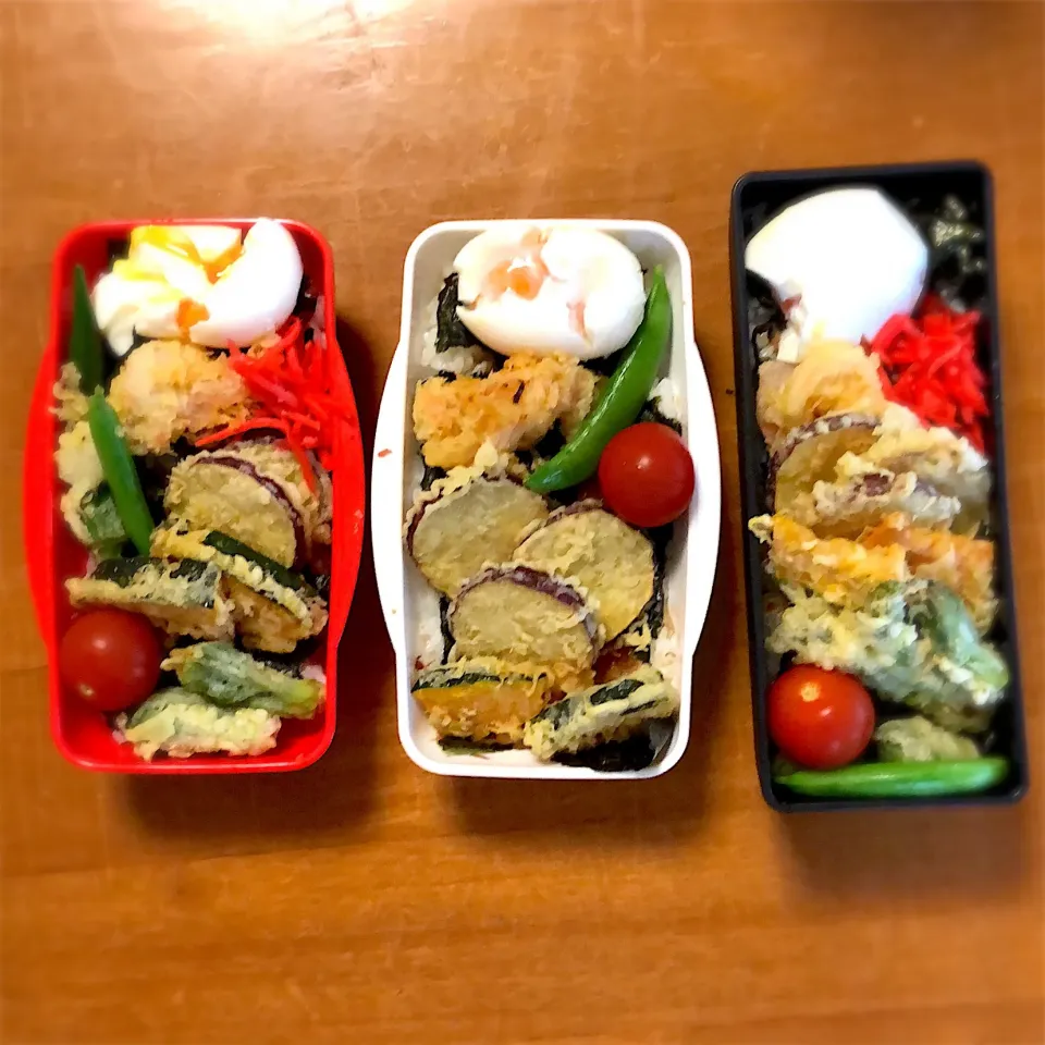 女子高生弁当 #簡単お弁当  #昨日の残り物  #火を使わない #天丼弁当#半熟卵#ちょっと失敗#3人分#タラの芽採って|Eriko  Naraさん