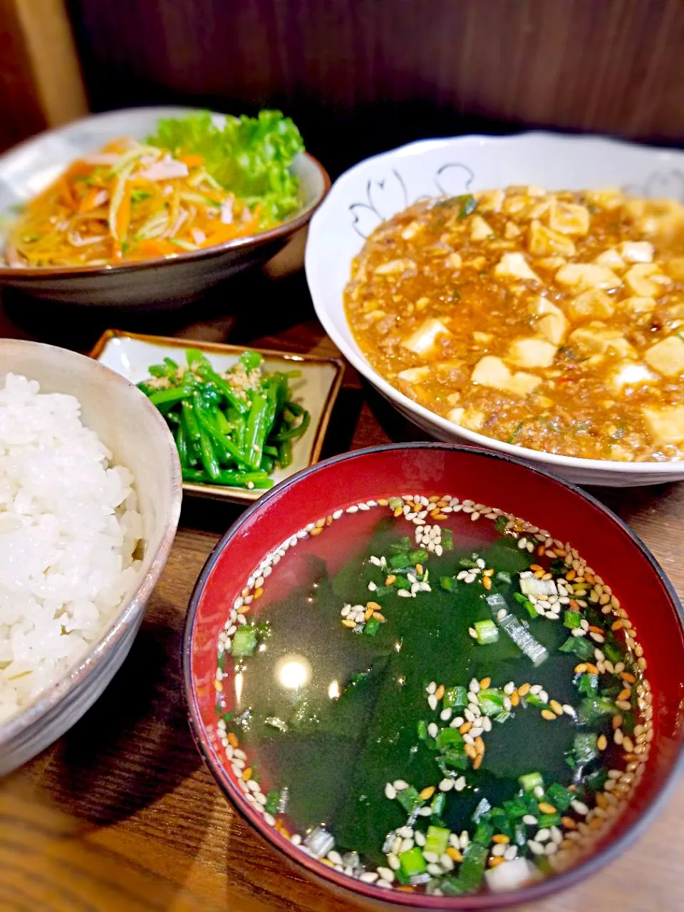 麻婆豆腐と春雨サラダとわかめスープ☆|ゆきこさん