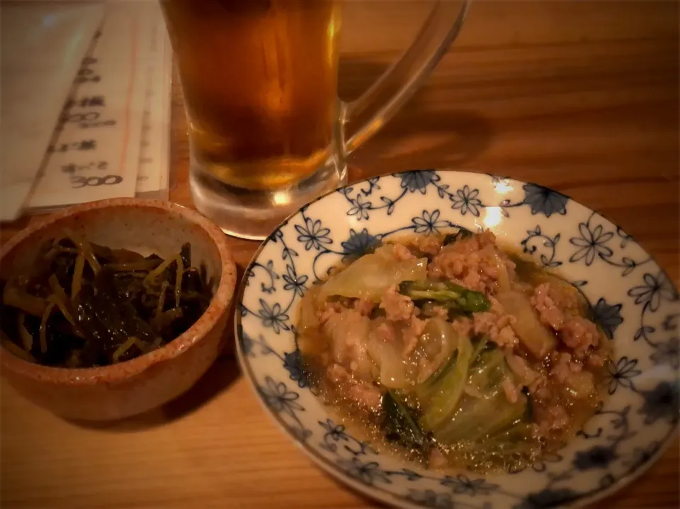 エビスマイスターと花わさびおひたし、白菜のそぼろ煮|堀川 あかしさん