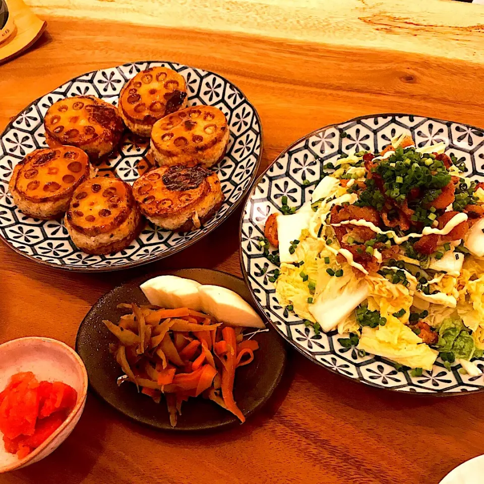 レンコンはさみ焼きと鶏皮パリパリ白菜サラダ|夢酒(ムッシュ)さん