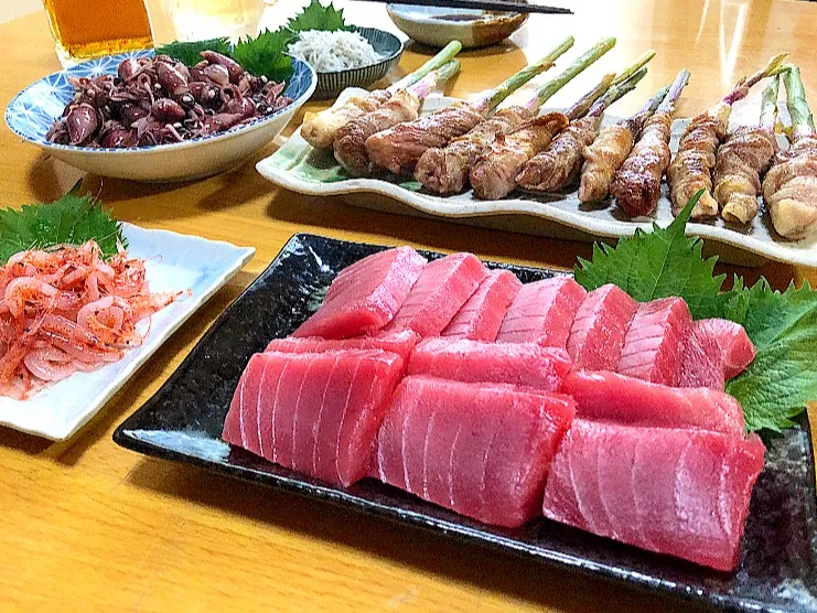 Snapdishの料理写真:葉生姜の肉巻き まぐろ 桜えび しらす ホタルイカ|ガク魁‼︎男飯さん