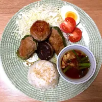 ワンプレートで♪和風ピーマンと椎茸の肉詰め