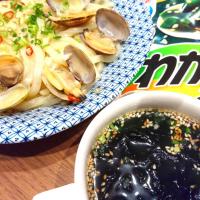 ◆愛知産あさりのボンゴレ風うどん◆わかめスープ添えだけど…つけ麺しちゃって～♪旨うま！