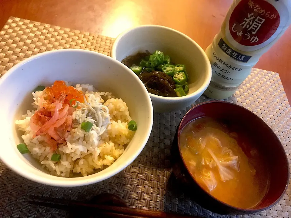 Snapdishの料理写真:whitebait&sakura shrimp rice bowl🍚海鮮丼<いくら･桜えび･しらす>
Miso soup♨️ｷﾑﾁのお野菜たっぷりお味噌汁|🌈Ami🍻さん