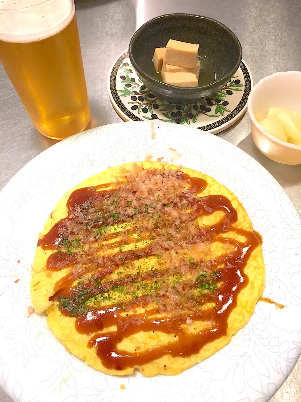 夜ご飯#お好み焼き #山芋たっぷり #塩ラッキョウ #ビールがうまい|アチコさん