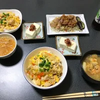 Snapdishの料理写真:リクエストにお答えして親子丼🐓🍳

❀シーフードの春雨スープ
❀豆腐の梅肉おかかのせ
❀豚バラもやしのせ|ハニ🐝さん