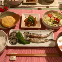 Snapdishの料理写真:#夕食 #ししゃも #こんにゃくの甘辛＃豆乳スープ|かふさん