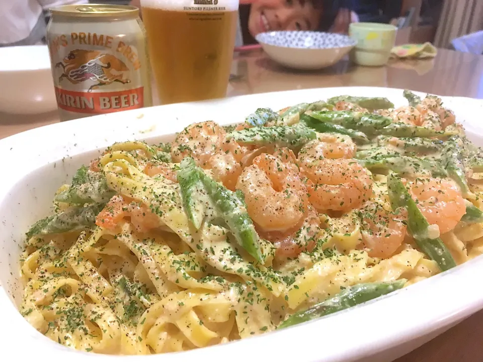 今日のパパパスタ【アスパラと海老の明太子クリームフェットチーネ】|不動南平さん