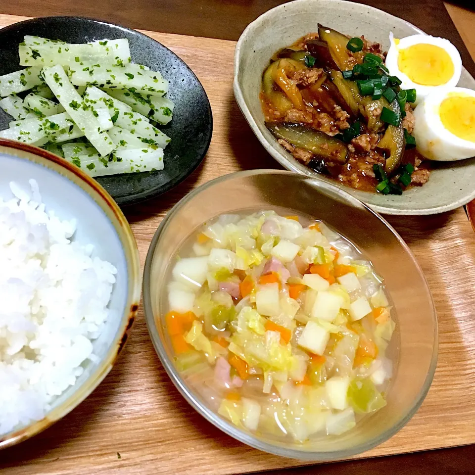 麻婆茄子、野菜スープ、大根の青のり炒め|たまさん