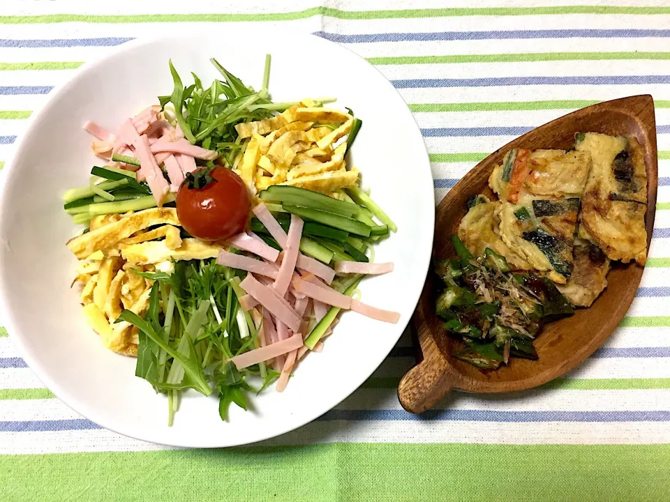 Snapdishの料理写真:ゴマだれ冷麺、チヂミ、オクラのおかか和え|jackybeanさん