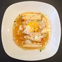 Snapdishの料理写真:Asparagus tips in shoyu dashi with mandarin rind, onsen egg and sesame oil|Liesbeth Maliepaardさん