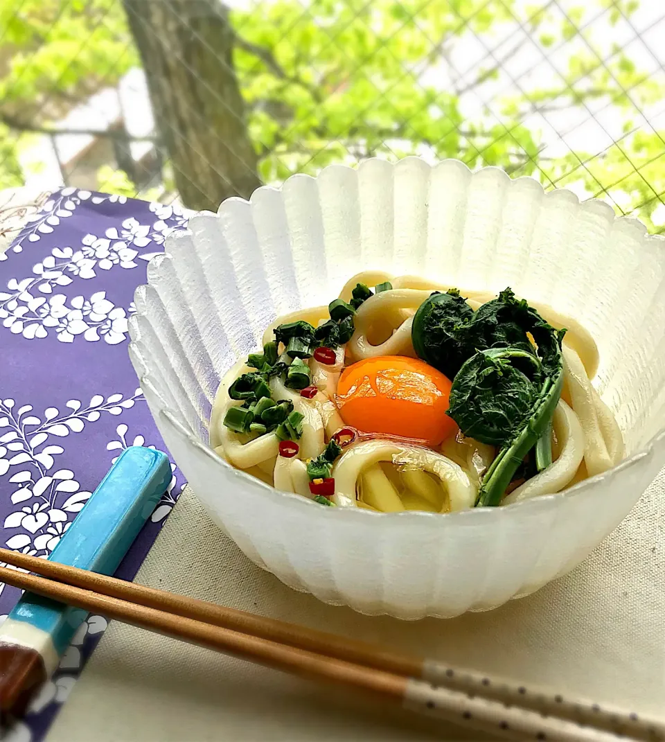 昼ごはん  こごみの浅漬け添え釜玉うどん|砂雪さん