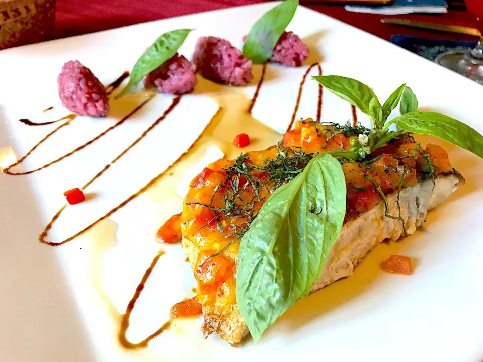 Snapdishの料理写真:Sea bass filet topped with tomatoes & basil sauce, served with a red fruit risotto cooked with balsamic vinegar|Sky Blueさん